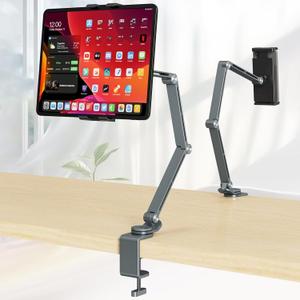 Houele Tablet Stand Holder, Adjustable Foldable Tablet Arm iPad Desk Mount with 360Rotate Base, Phone Holder iPad Stand for Desk and Bed, Compatible with Tablets, Phones or Other 4-15.6" Device (Grey)