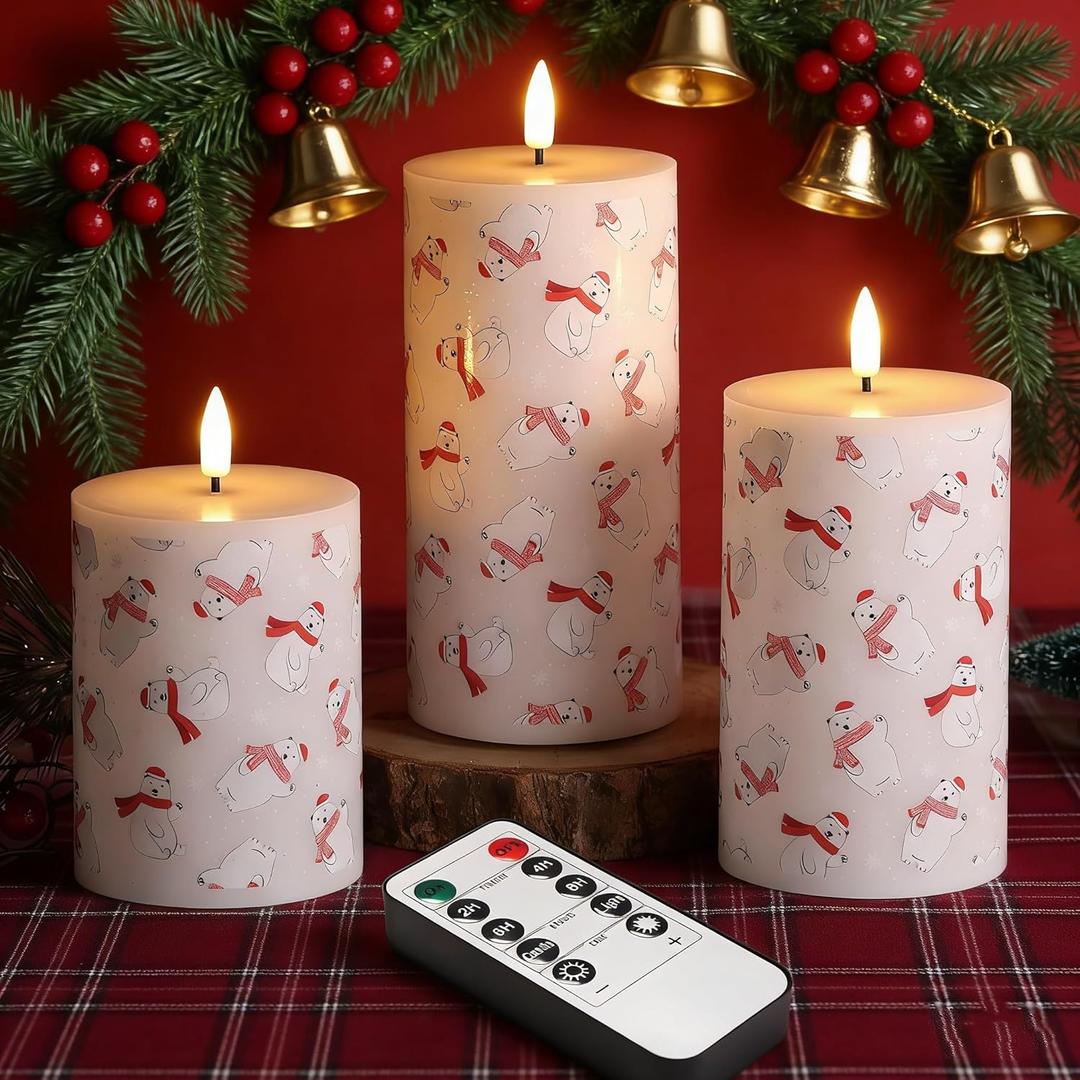 Eywamage Christmas Flameless Pillar Candles with Remote, Winter Holiday LED Candles Decor Battery Operated Flickering Set of 3 (Bear)