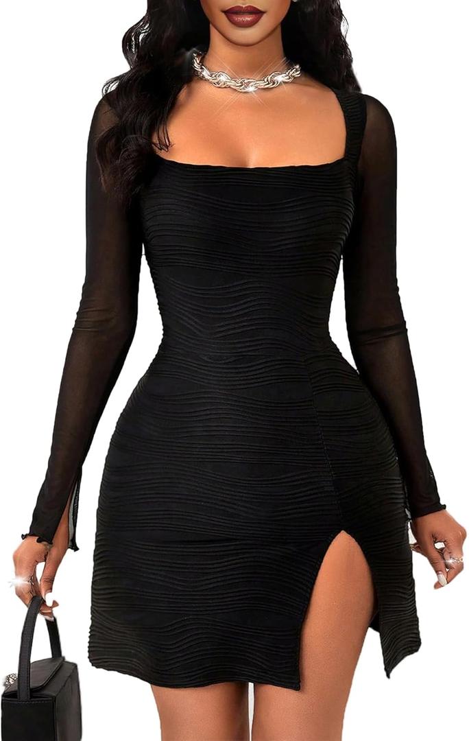 GothDark Women's Sexy Bodycon Dress Mesh Long Sleeve Square Neck Ruched Split Hem Club Party Mini Dresses (Black), XL