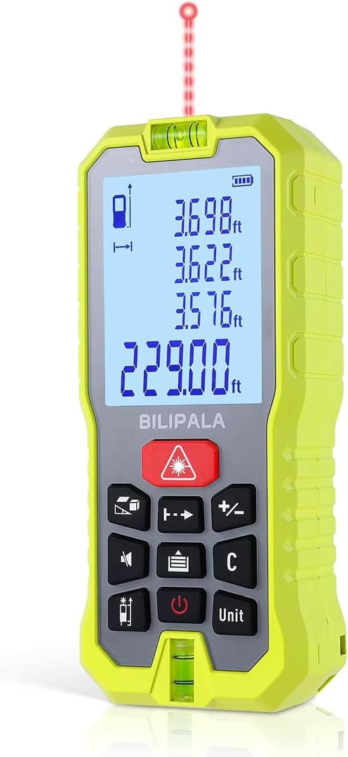 Laser Distance Measuring Tool, 70M/229ft Laser Measure, 2mm Accuracy Laser Distance Meters with Backlit LCD, Measuring Distance, Area, Volume, Pythagorean Mode for Indoor/Outdoor Use(Red Laser)