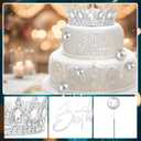 8 Pcs Silver Queen Crown Cake Topper, Happy Birthday Cake Toppers Foam Balls Rhinestone Crystal Tiara Wedding Decoration for Princess Party Photo Props for Women Princess