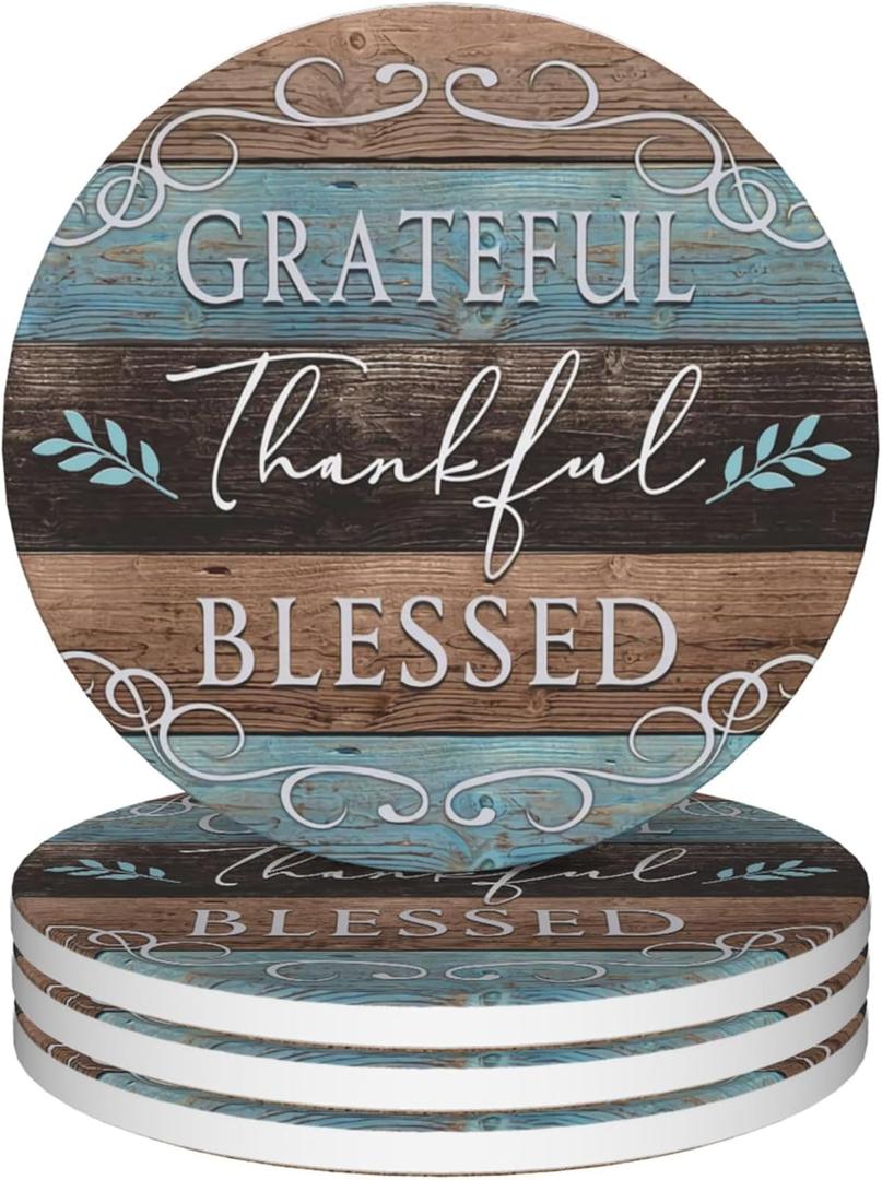 Coasters for Drinks,Set of 4 Absorbent Coasters,Thankful Grateful Blessed Ceramic Coasters with Cork Base,Cup Coaster for Coffee Table Protection,Gifts for Housewarming Birthday