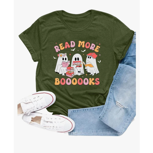Womens Halloween Teacher Shirts Read More Books T-Shirt Funny Ghost Reading Book Print Tee S