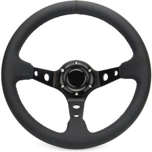 Universal 6 Bolts Racing Steering Wheel 320mm 12.5" Black Genuine Leather Grip Aluminum Frame Deep Dish Sports Drifting Steering Wheel with Horn Button