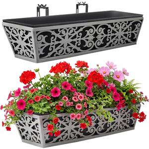 2 Pack 24 Inch Window Boxes Planter for Outdoor Plants Deck Railing Planters Box with Adjustable Brackets for Porch Fence Balcony Hanging Flower Baskets with Non-Woven Fabric Liner for Garden Decor