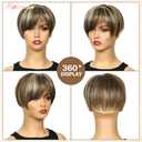 MIMAN Short Pixie Hair Toppers for Women Brown Mixed Blonde Fluffy Covering Hairpieces with Bangs Synthetic Pixie Topper for Thinning Hair Natural Looking Clip In Hairpieces