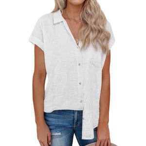 siliteelon Linen Shirts for Women Button Down Shirts Short Sleeve Cotton Collared V Neck Solid Casual Blouses with Pocket (Large, White)