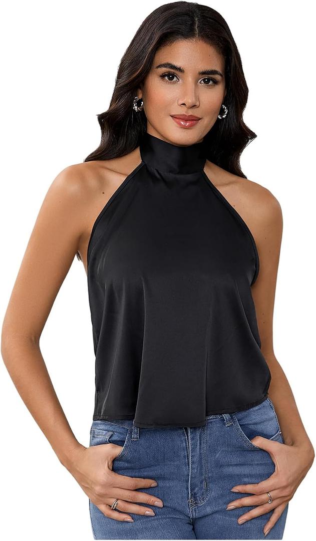 MakeMeChic Women's Satin Silk Backless Halter Tops High Neck Sleeveless Camisole Summer Classy Going Out Top (Black, S)