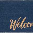mDesign Non-Slip Rectangular Coir and Rubber Entryway Welcome Doormat with Natural Fibers for Indoor or Outdoor Use - Decorative Script Design - Navy Blue/Natural