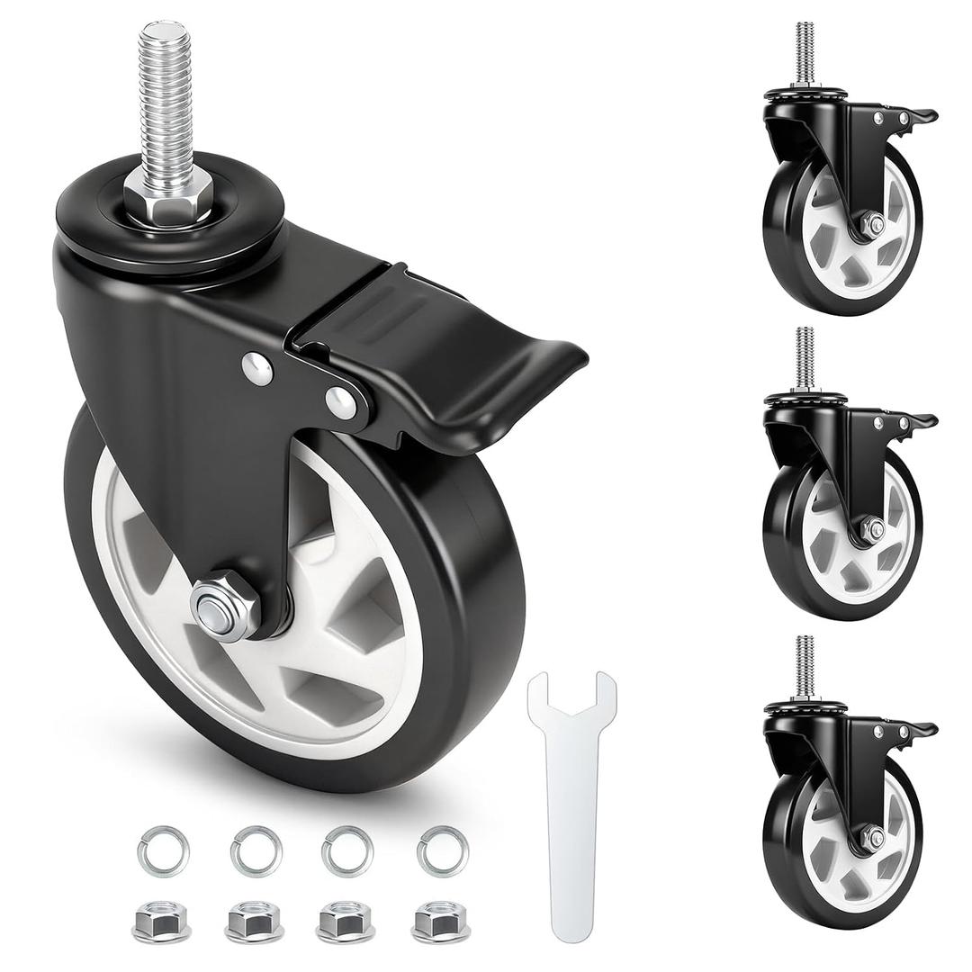 5 Inch Caster Wheels, Casters Set of 4,1/2"-13 x 1 (Screw Diameter 1/2", Screw Length 1.5") Threaded Stem Casters, Heavy Duty Industrial Castors, Locking Caster for Furniture and Workbench