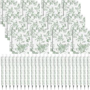 Engrowtic 24 Set Sage Green and White Floral Mini Notebooks and Ballpoint Pens Chinoiserie Vintage Pocket Notepads Gel Pens Small Journals for Bridal Wedding Baby Shower