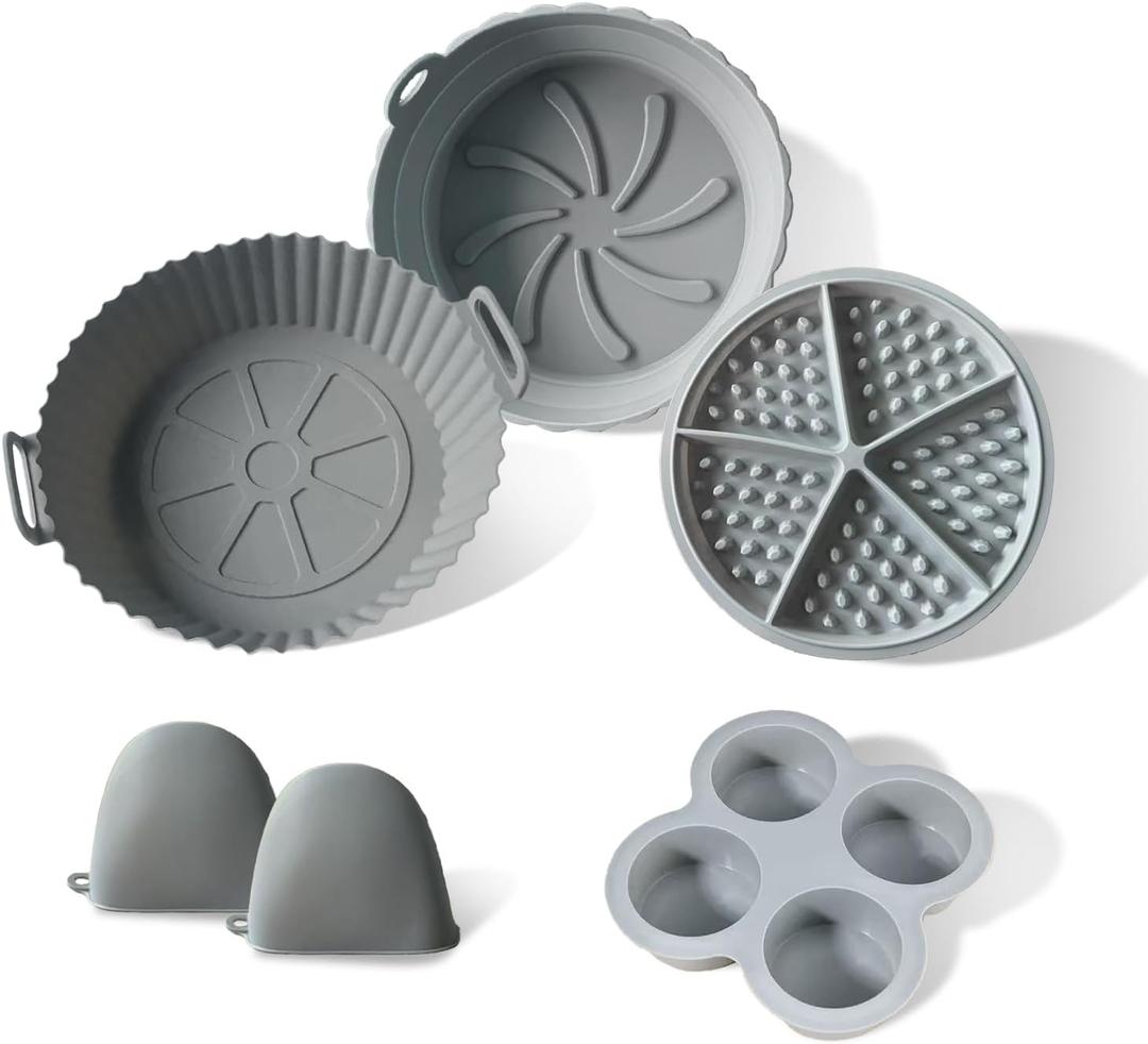 Silicone Liner for Air Fryer,Liners Reusable Round Silicone Basket 5-Piece Set, with Egg Bites Mold, WaffleBite MoldAnti-Scald Hand Clip, Fits 3-5 Qt,Food Grade Liners Nonstick Coating