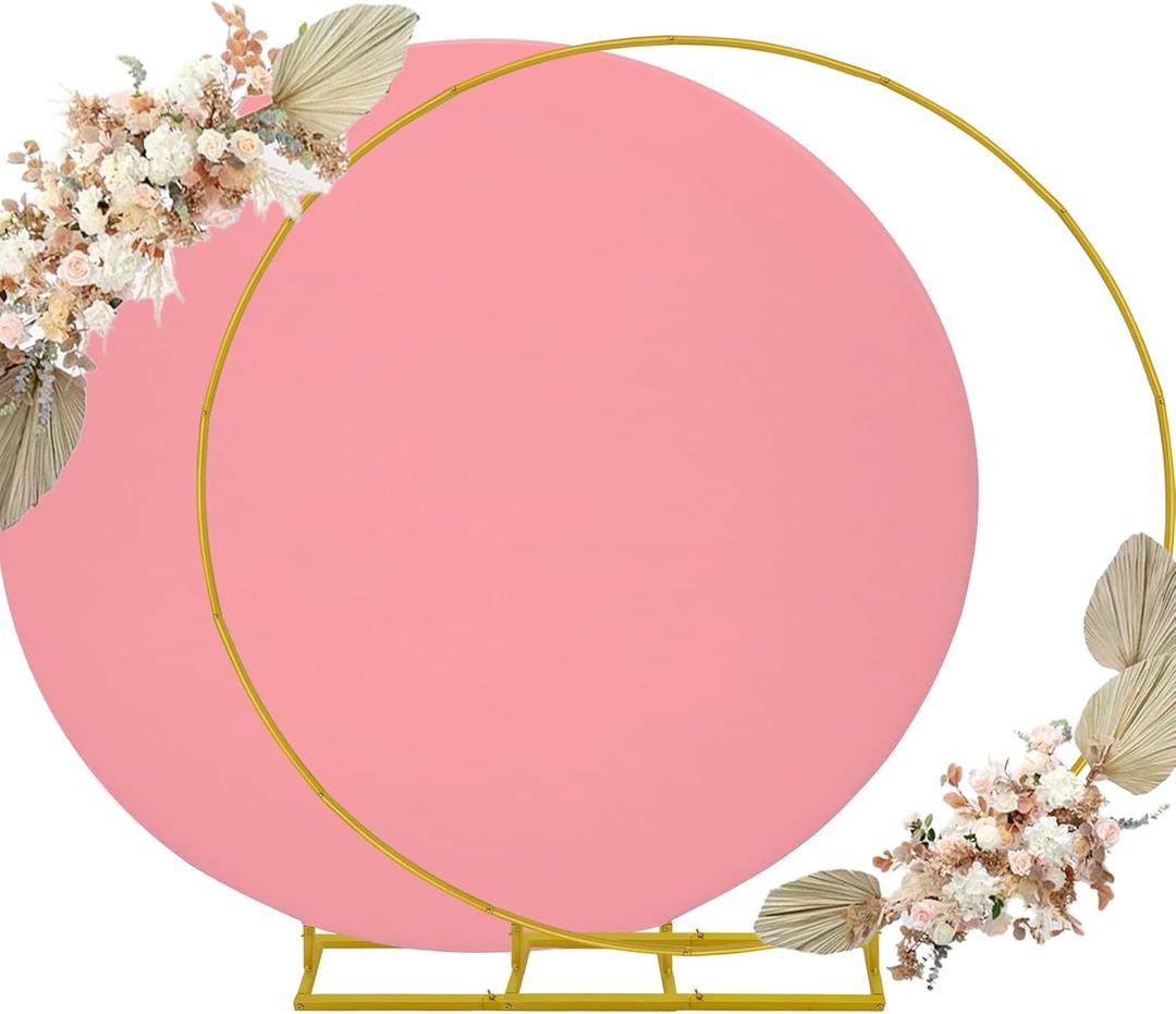 7.2ft Round Backdrop Stand and Dusty Rose Covers 1 Stable Balloon Arch Stand with Base and 1 Polyster Circle Arch Cover Metal Wedding Arch Backdrop Stand Frame for Party Baby Shower Garden Decoration