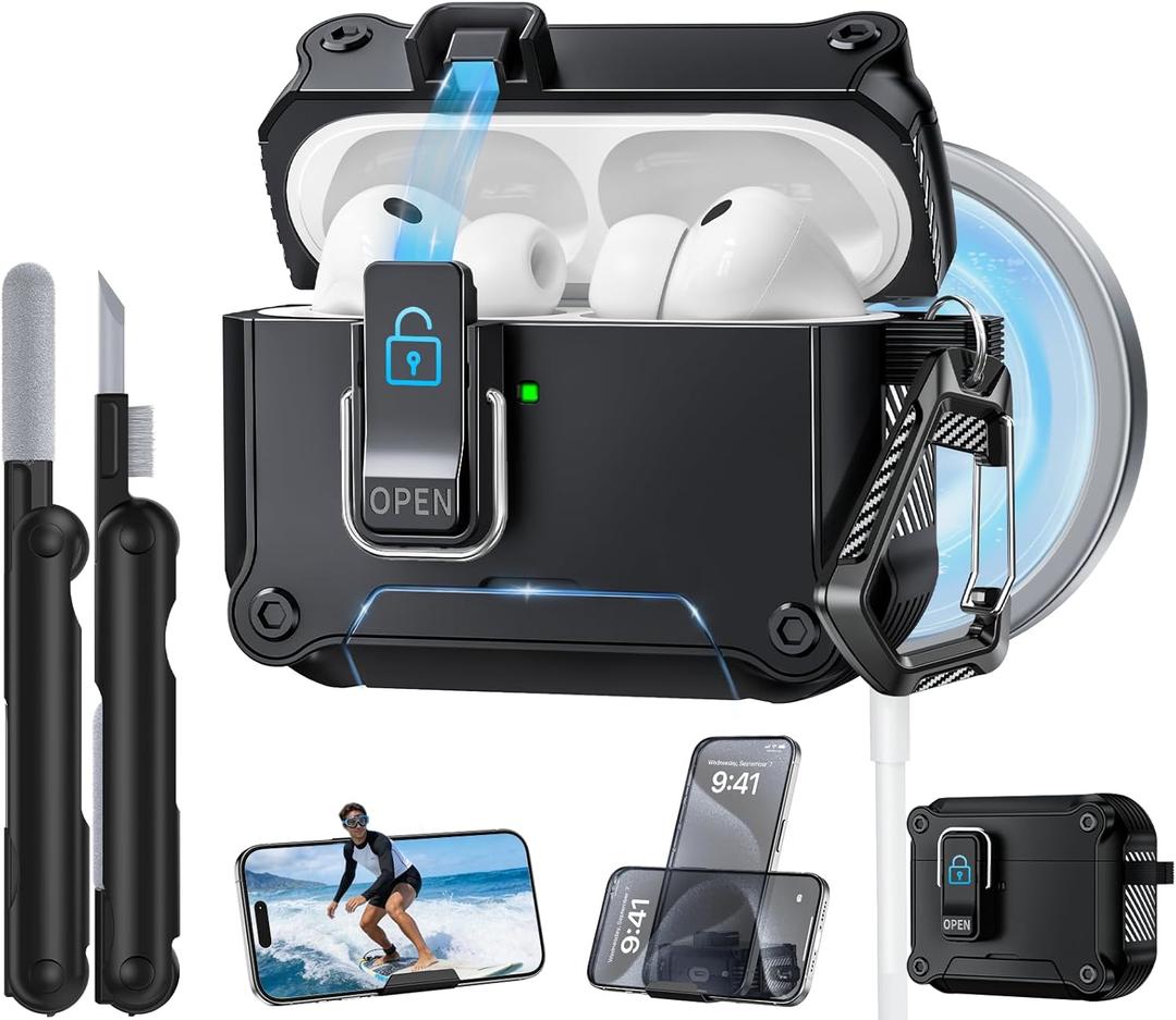 Dual Safety Lock for AirPods Pro 3 Case 2025, Compatible with MagSafe - Designed with Automatic Switch and Phone Stand, Includes a Cleaner & Keychain - Rugged Tough Hard Shell, Black