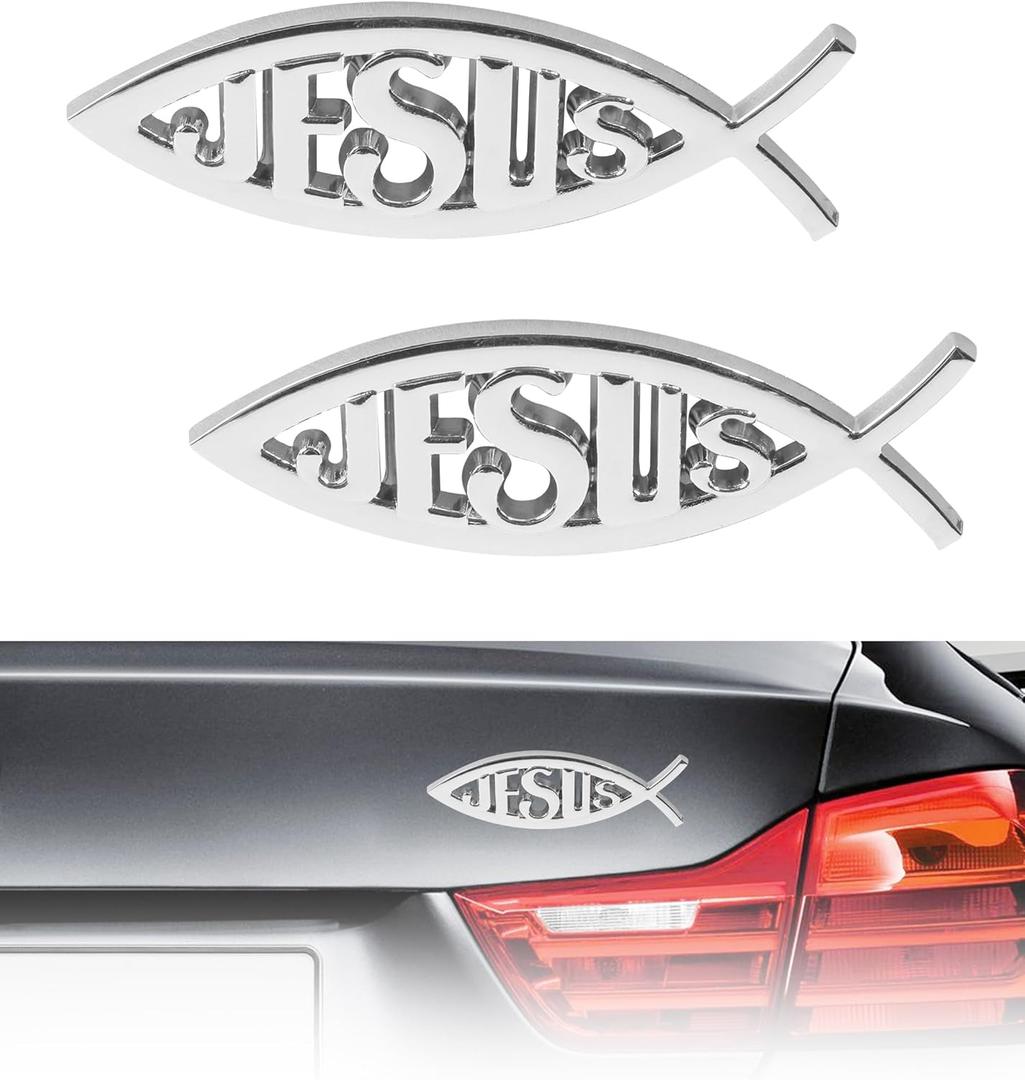 2PCS Jesus Car Decal,Car Accessories 3D Christian Auto Stickers,Jesus Fish Cars Emblem,Chrome Bumper Decals,Suitable for Auto Motorcycles SUVs Trunk Door Fender Bumper Decoration (Silver)