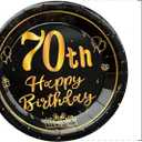 36PCS Happy Birthday Decorations Black Gold Party Supplies Set Includes Disposable Paper Birthday Plates and Napkins for 70th Decorations