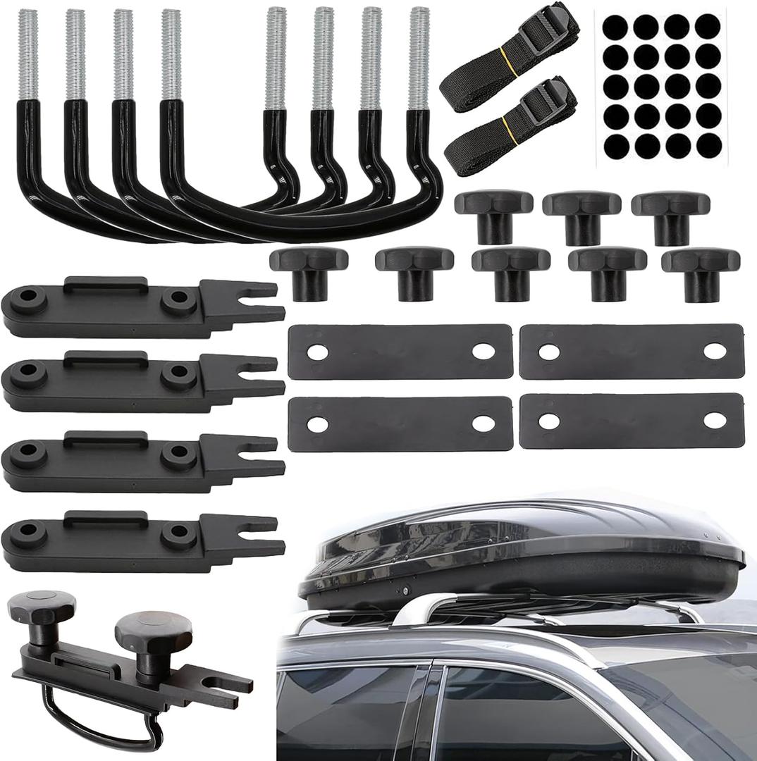 4 PCS Roof Box U-Bolt Clamps Universal Stainless Steel Inner Width 85mm/3.35in Rooftop Cargo Carrier Rack Bolts with 8 Lock Nuts, 2 Strap Car Van Mounting Fitting Kit