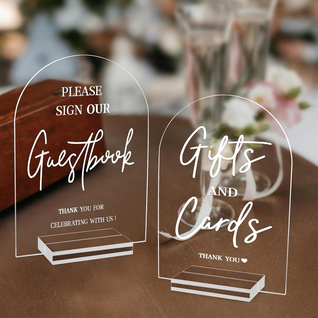 KOSKIMER 2pcs Clear Acrylic Wedding Signs for Ceremony and Reception, 5x7 Inch Modern Wedding Signage, Guest Book Sign, Cards and Gifts Sign for Wedding, Wedding Reception Signs with Holder (Set of 2)