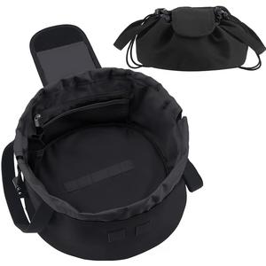 Lay Flat Drawstring Makeup Bag,Travel Cosmetic Organizer for Women,Large Capacity Toiletry Bag,Portable Open-Flat Design for Skincare and Makeup Brushes (Black)