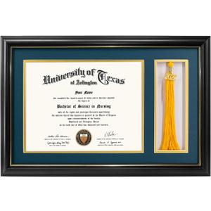 GraduationMall 11x17 Black Wood Diploma Frame with Tassel Holder for 8.5x11 Certificate Document,Real Glass,Navy Blue over Gold Mat
