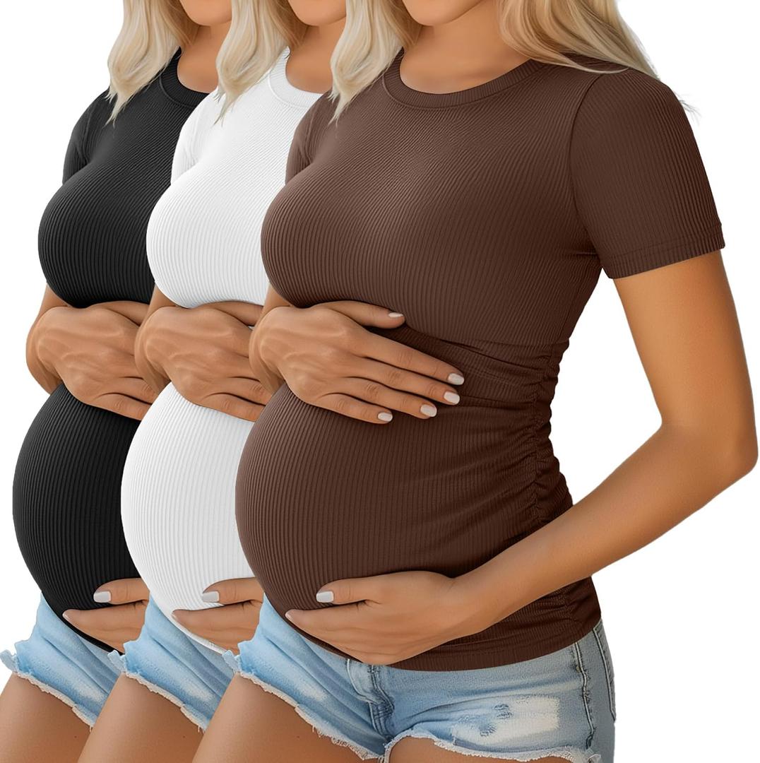 Ficerd 3 Pack Women's Maternity Shirts Cotton Short Sleeve Pregnancy Tops Side Ruched Ribbed Casual Mama tees Clothes (White, L)