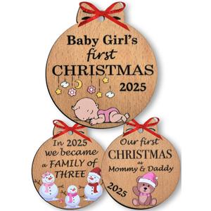 Heart's Sign Babys First Christmas Ornament 2025 Girl | Baby Girl 1st Christmas 2025 | Our First Xmas as Family of Three Ornament