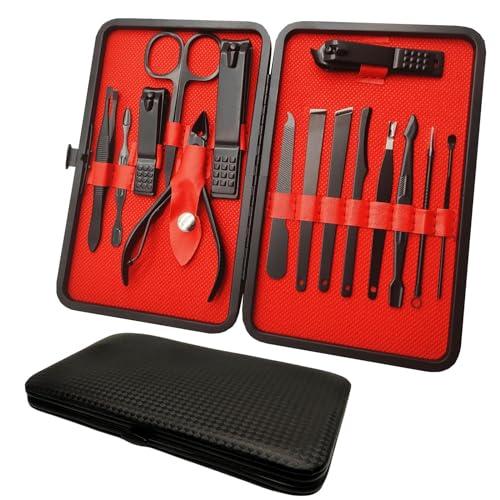 SHICEN Manicure Set, Professional Nail Clippers Kit, Pedicure Care Tools,Manicure Set for Men and Women-Premium Stainless Steel with Black Leather Travel Case Set 15PC Great Gift(Black)