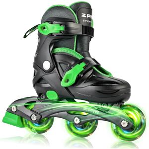 2PM SPORTS Inline Skates with Light Up Wheels, Roller Skates Blades for Boys Girls Kids Ages 5-8 8-12 4-6 6-12, Size Adjustable Beginner Blades Roller Skates (Black & Green, Small - Little Kid (9C-12C US))