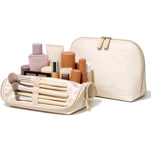 APT 1101 Large Standing Foldable Makeup Bag for Travel, Vertical Folding Down Design, Organized Cosmetic & Skincare Bag for 24 Week Trips (Oatmeal)