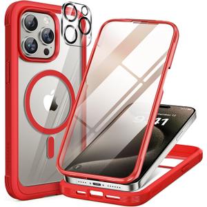 Miracase Magnetic for iPhone 15 Pro Case Full-Body Bumper Phone case with Built-in Glass Screen Protector& Camera Protector, Military Drop Proof 15 Pro Cover, Magnetic Red