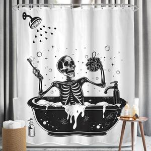 LGhtyro Funny Skull Shower Curtain Bathroom Set 71Wx71H Inches Black White Gothic Skeleton Bone Bathing in Bathtub Bubbles Spooky Cool Bath Accessories for Men Boys Art Home Decor Fabric 12 Pack Hooks
