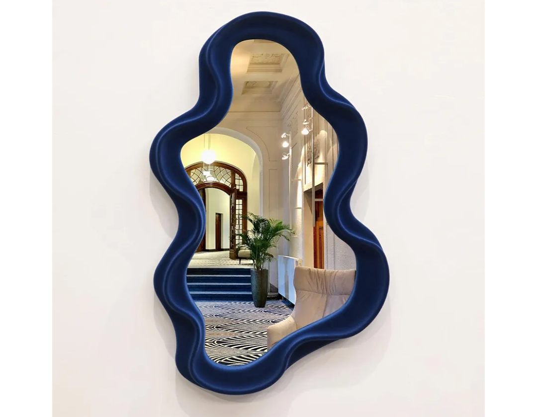 Irregular Wall Mirror Living Room Decor, Decorative Wavy Funky Mirrors with Flocking Touch, Modern Asymmetrical Mirror for Hallway Entryway Staircase Bathroom Bedroom (Dark Blue)