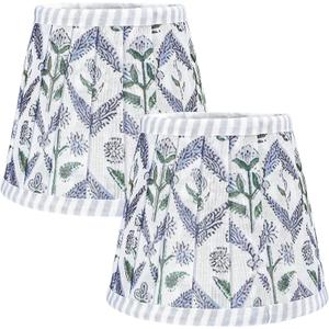 Set of 2 Pleated Block Print Light Blue Lamp Shade, Floral Spider Blue Pleated Lamp Shades, Replacement Lampshade 4" Top x 6" Bottom x 5" High Spider with Harp and Finial Fitting