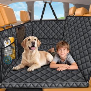 URPOWER Backseat Extender for Dogs - Hard Bottom Dog Car Seat Cover for Back Seat, Dog Hammock for Car and SUV, Pet Rear Seat Protector Dogs Travel Bed with Mesh Window & Side Flaps (All Black)