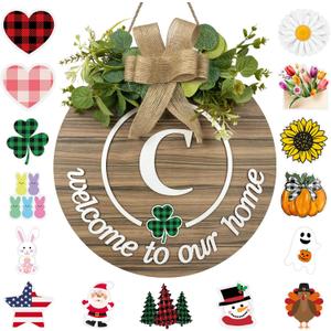 Interchangeable Seasonal Monogram Letter C Welcome Sign Front Door Decor Wooden Wreaths for Front Door Wreath Rustic Initial House Warming Porch Wall Home Decorations for All Seasons