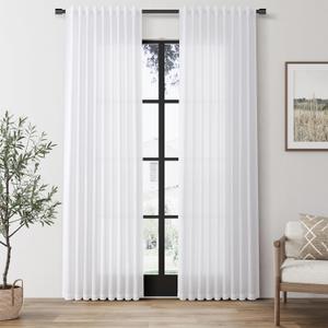 SMABU White Linen Curtains 84 Inches Long 2 Panels Set for Living Room Back Tab Hook Belt Semi Sheer Light Filtering Privacy Curtains Natural Modern Elegant Cotton Blend Textured Bedroom Drapes