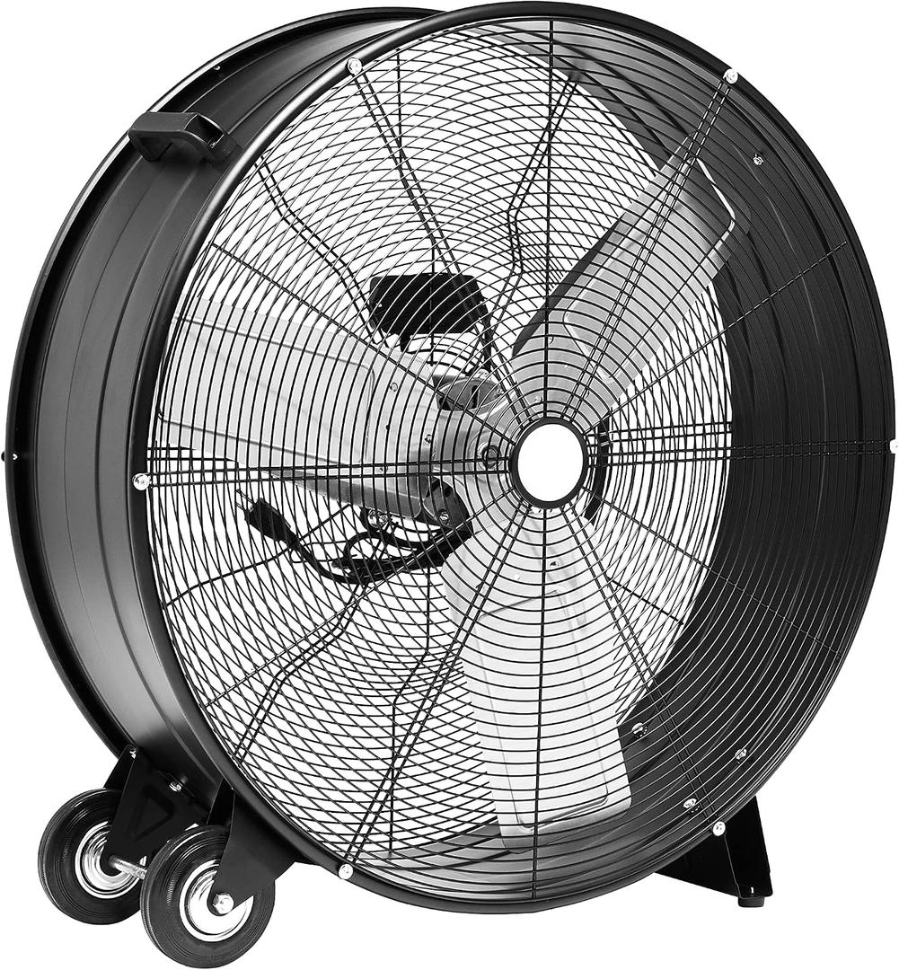 Amazon Basics 30" 300W High-Velocity Heavy-Duty Industrial Drum Fan for Cooling, Metal Housing, UL-Certified Safety Compliance, 2 Speeds, High CFM Up to 12,480, 5.9-ft Power Cord, 2 Wheels, Black