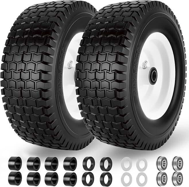 13x5.00-6 Flat Free Tire and Wheel with 3/4" & 5/8" Bearings – 2 Pack 13x5x6 Solid Rubber Lawn Mower Tires for Riding Lawn Mower Tires and Wheel with 3" Centered Hub