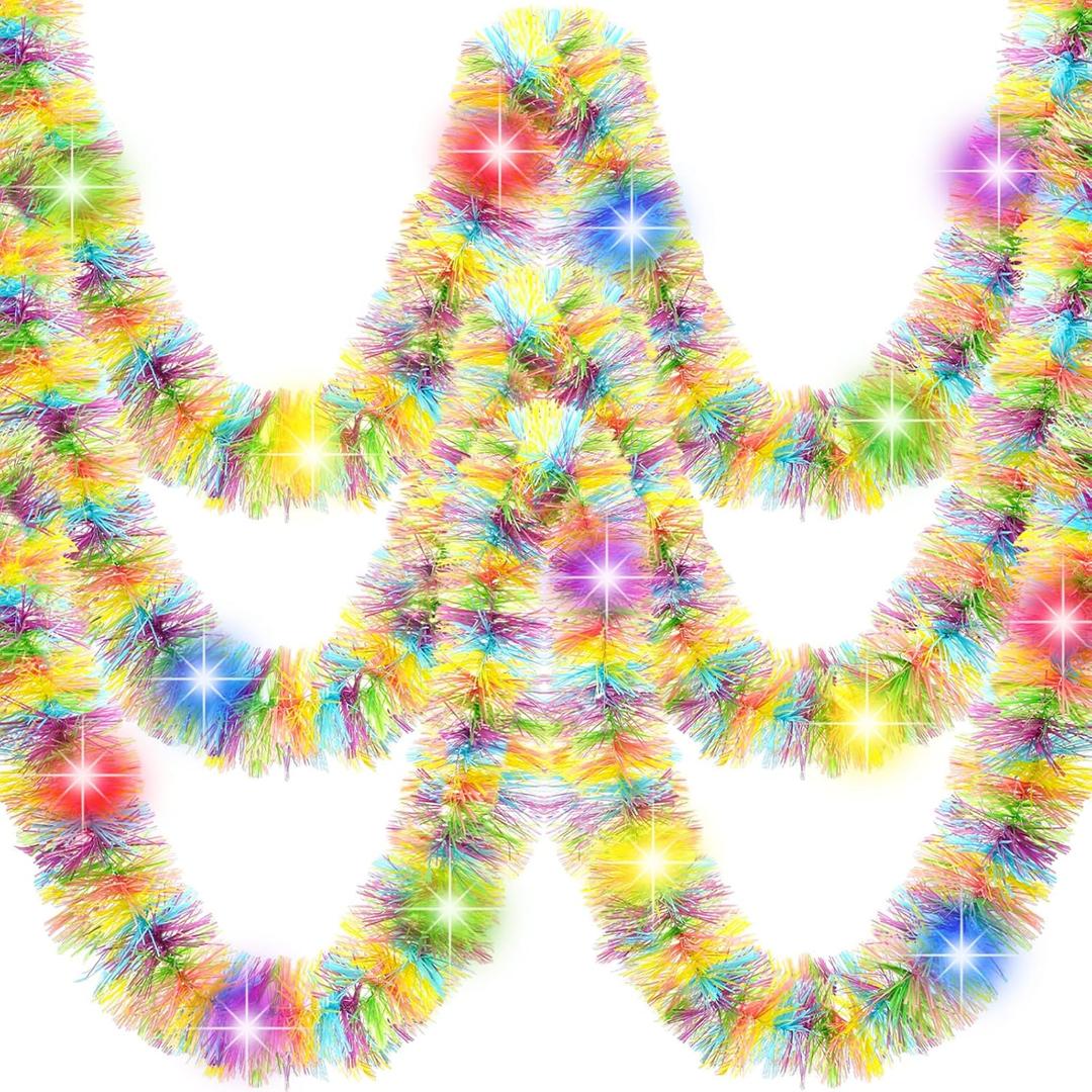 Chuangdi 16.4 ft Easter Tinsel Garland with LED String Light Easter Egg Twist Metallic Wire Garland Tinsel Foil Hanging Decor, Colored, Colored Light