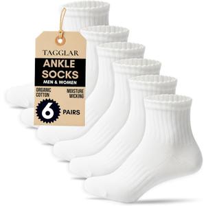 Ankle Socks for Men & Women 78% Organic Cotton, Moisture Wicking, Arch Support,Cushioned Athletic Comfort (6 Pairs) (White, M)
