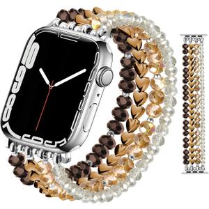 JR.DM Beaded Bracelet Compatible with Apple Watch Band 40mm 38mm 41mm 42mm Series 10/9/8/7/SE/6/5/4/3/2/1 Women Dressy Fancy Handmade Stretchy Strap Replacement for iWatch Bands(Coffee)