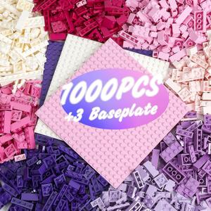 1000 Pieces Classic Building Bricks, Classic Stackable Base Plates, 3 6.3" x 6.3" White, Pink and Purple Base Plates, Compatible with All Major Brands, Toys for Ages 6-7-8-13 Girls