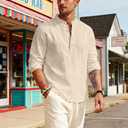 Men's Linen Shirts Henley T-Shirts Long Sleeve Casual Beach T-Shirts Solid Tops Shirts for Men (Beige, XL)