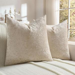 FUTEI Pack of 2 Solid Flannel Throw Pillow Covers 18x18 Inch Soft Crushed Textured Neutral Decorative Cushion Cases Vintage Farmhouse Accent for Couch Living Room, Beige