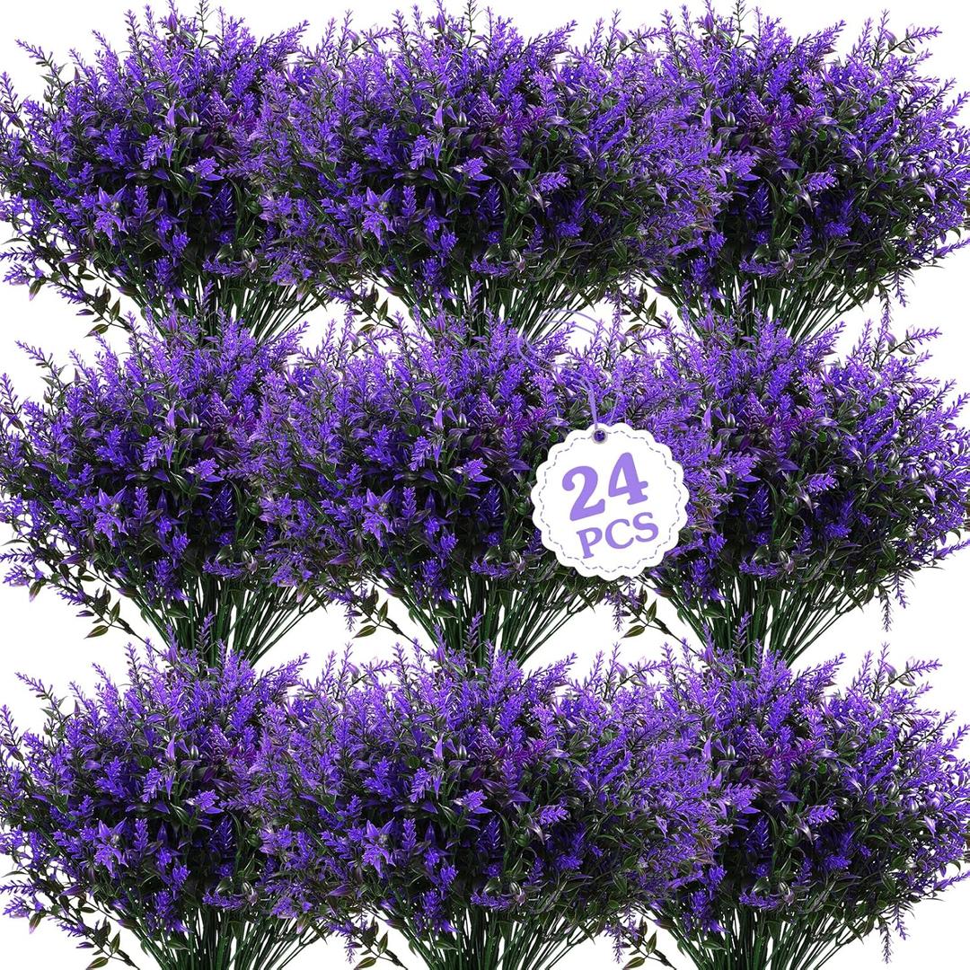 Janinka 24 Bundles Artificial Lavender Flowers False Outdoor Flowers UV Resistant Plastic Artificial Plants Fake Shrubs Bouquet Greenery Bushes for Outdoor Garden Home (Purple)