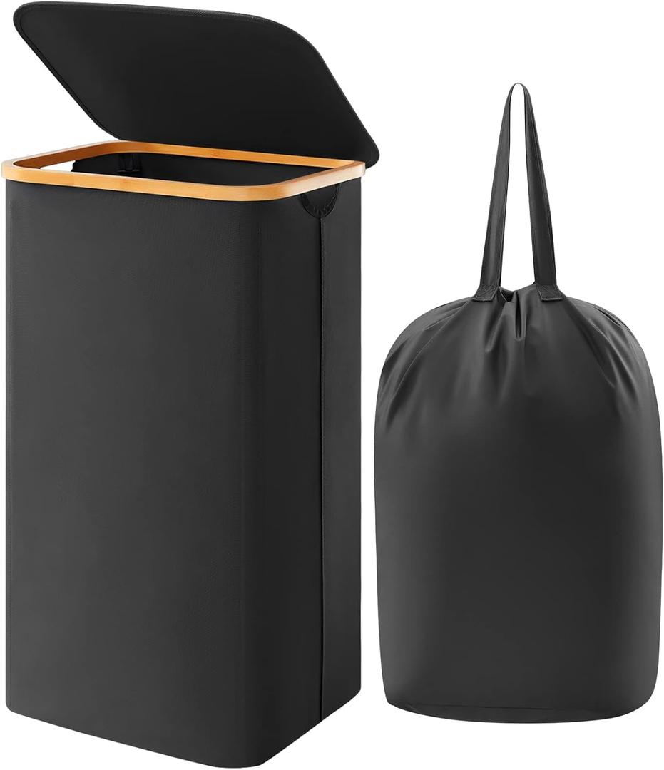 Lifewit 100L Laundry Basket with Lid, Clothes Hampers for Laundry with Bamboo Handles and A Removable Bag, Large Foldable Laundry Hamper for Bedroom, Bathroom, Dorm, Laundry Room, Black