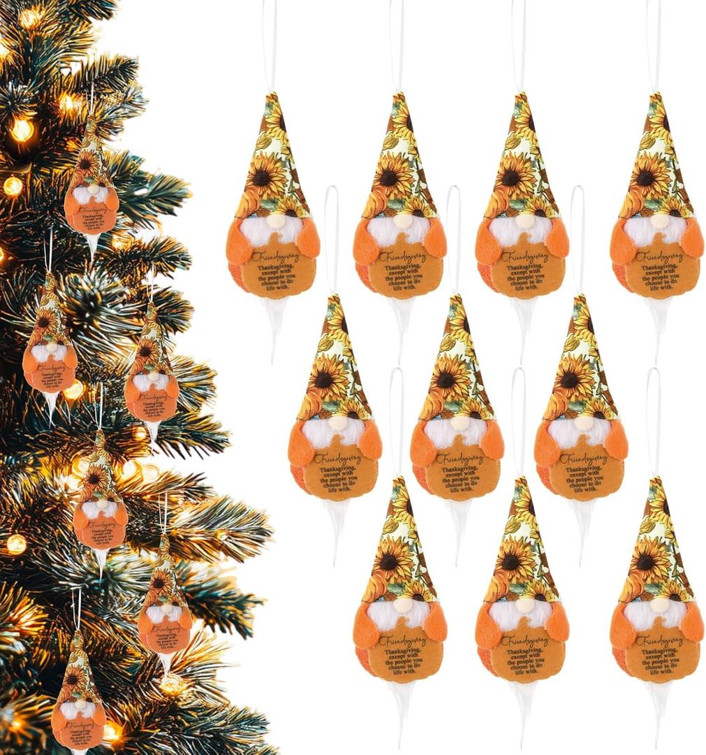 12 Pcs Friendsgiving Ornaments Gnomes Plush Friendsgiving Hanging Gnomes with Pumpkin Holding Cards for Thanksgiving Tree Decorations Holiday Party Supply