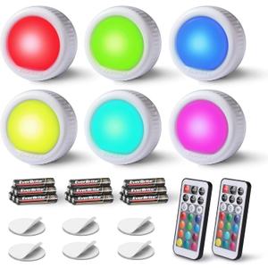 EverBrite Tap Light, Push Light, LED Puck Lights with 12 RGB Colors, Wireless Touch Light Under Cabinet, 80 Lumens Night Light for Closet, Bedroom, Wall, Classroom, 18 AAA Batteries Included, 6-Pack