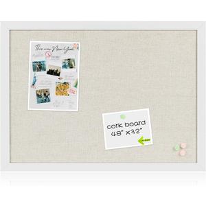 Farmhouse Linen Cork Bulletin Board 48 x 32, White Wood Framed 4 x 3 Corkboard, Office Board for Wall Decor, Large Pin Board Picture Board with 20 Pushpins for School, Home & Office