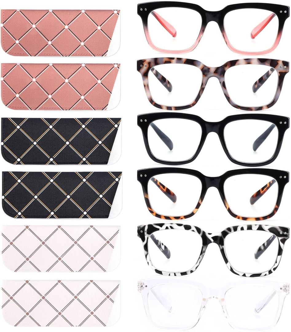 6 Pack Fashion Reading Glasses for Women Men Blue Light Blocking Oversized Square Readers with Spring Hinge (6 Pack Mix)